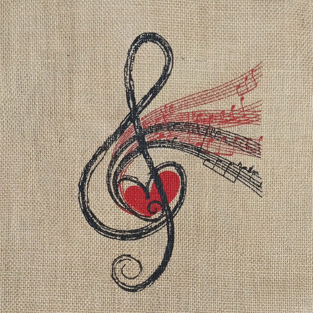 A close-up of a fabric surface in warm beige with a printed musical treble clef design in black and red, featuring a red heart and red staff lines.