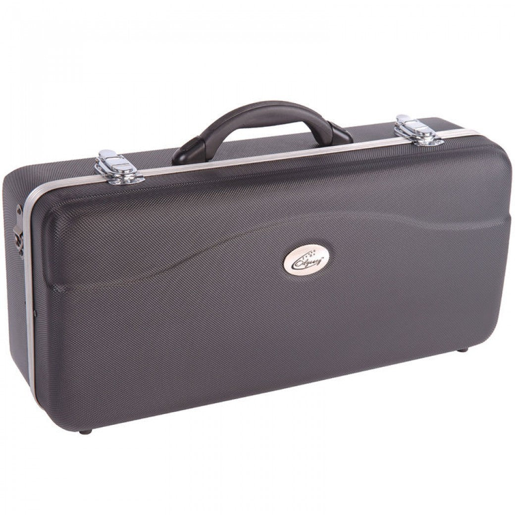 Black hard-shell case with a brand logo on a white background