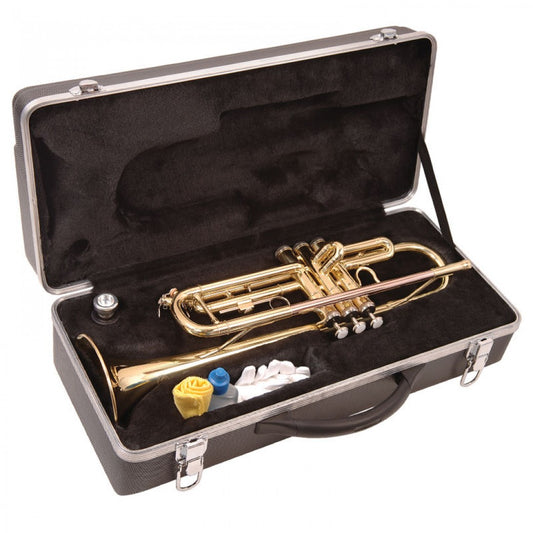 Gold trumpet in a black case with accessories on a white background
