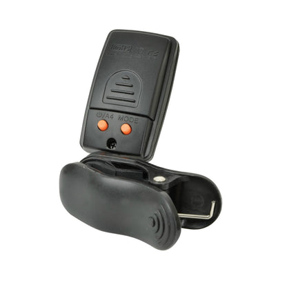 Black electronic device with a clip on a white background