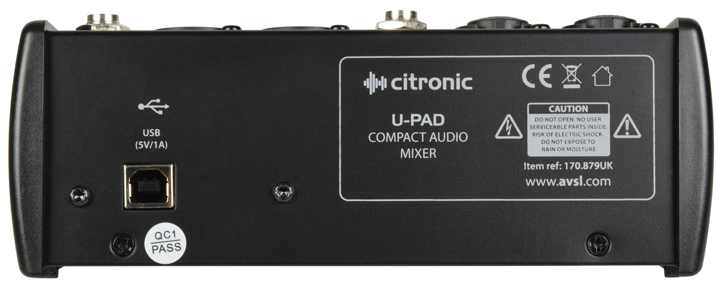 Back view of a Citronic U-PAD compact audio mixer with USB and audio input ports. Brand, model and caution label. 