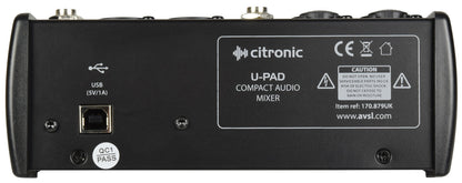 Back view of a Citronic U-PAD compact audio mixer with USB and audio input ports. Brand, model and caution label. 