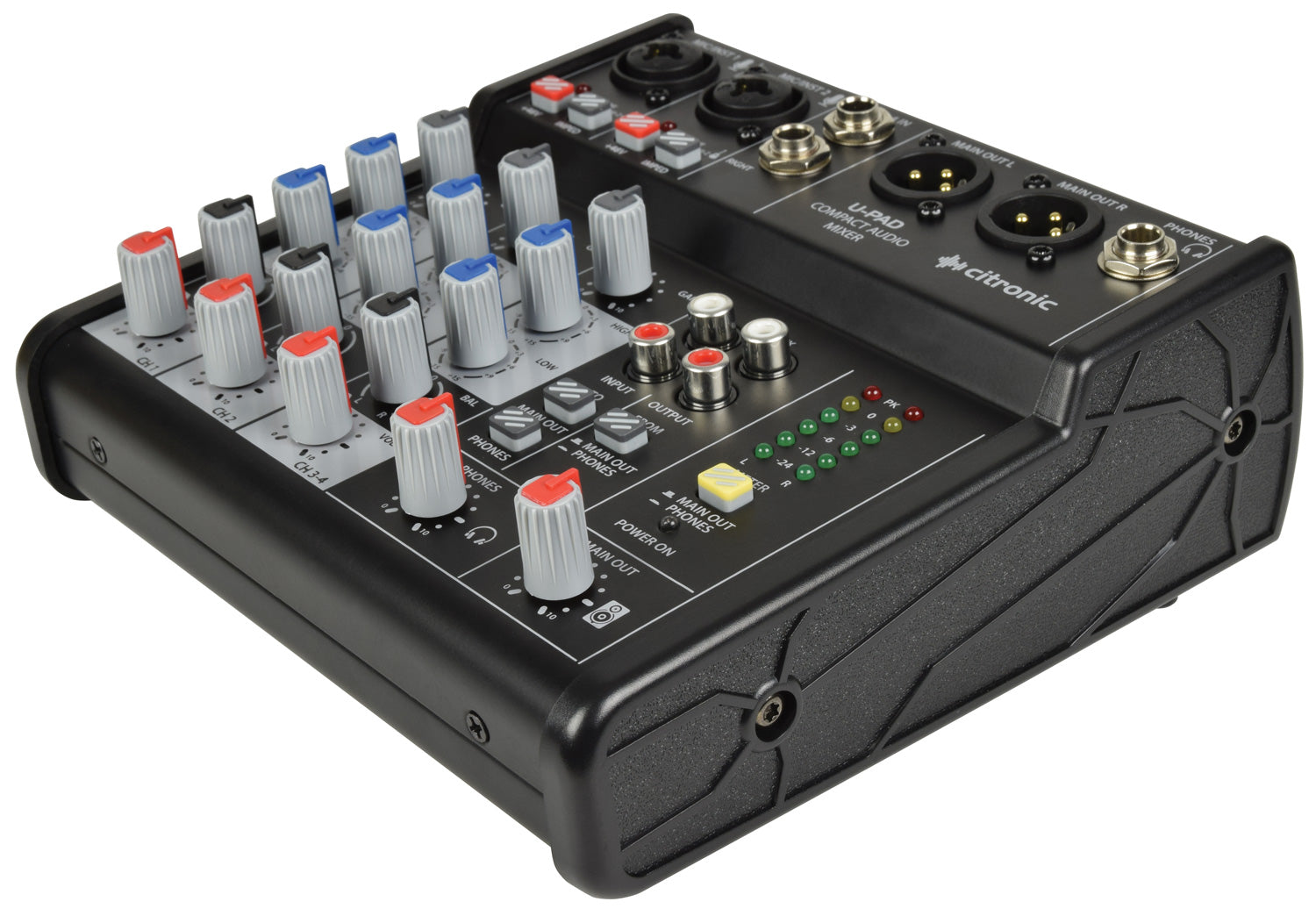 Audio black mixer with grey control knobs with red, blue, black, dark grey tips - colour coded and divided in sections by functionality.  Positioned on the high extremity : two hybrid sockets and two jack sockets in-put - followed by two XLR outputs and two RCA output and a jack headphones output. 