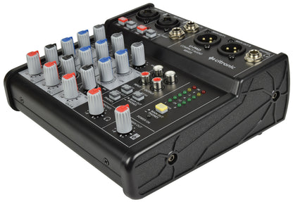 Audio black mixer with grey control knobs with red, blue, black, dark grey tips - colour coded and divided in sections by functionality.  Positioned on the high extremity : two hybrid sockets and two jack sockets in-put - followed by two XLR outputs and two RCA output and a jack headphones output. 