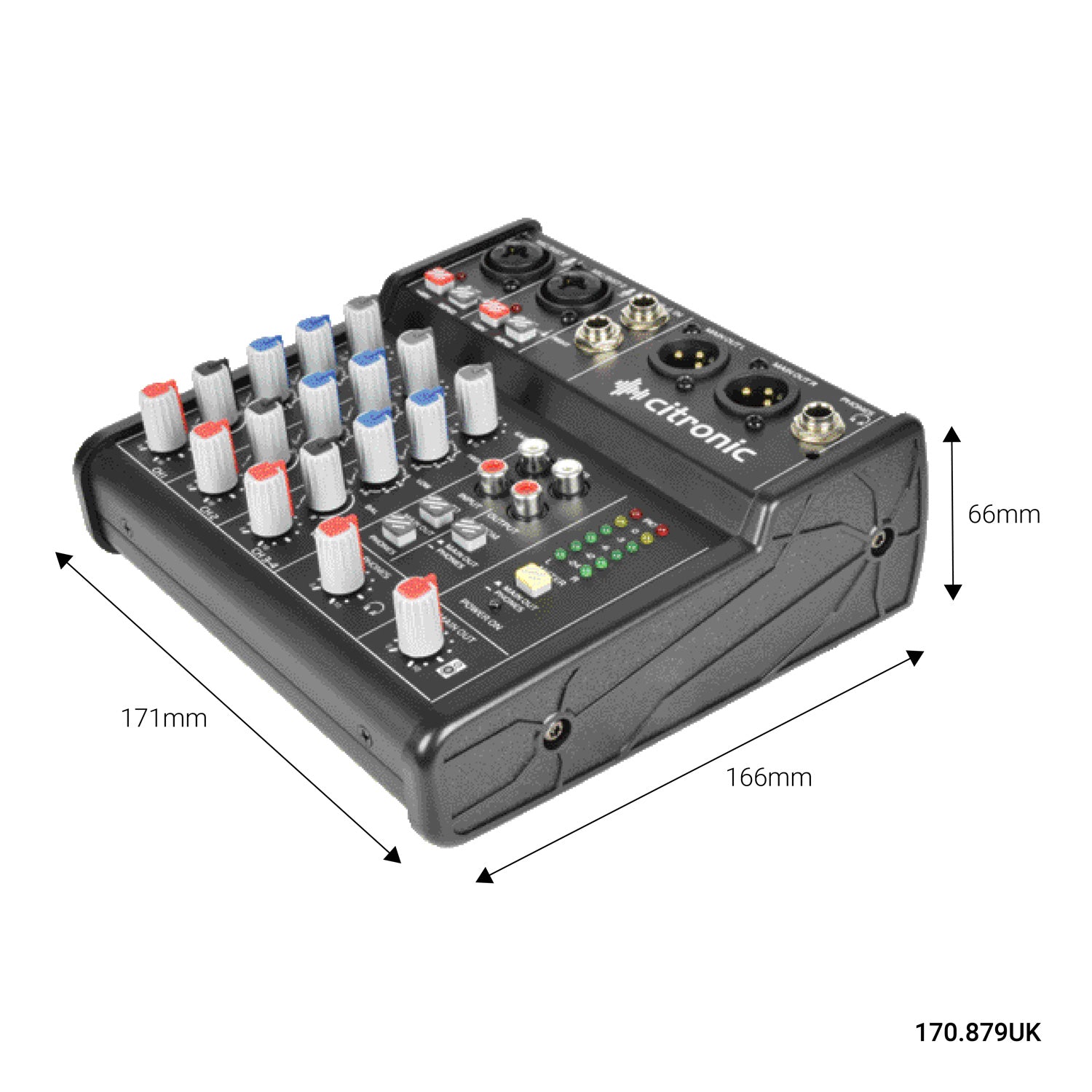 Audio mixer with Citronic branding and dimensions 171mm x 166mm x 66 mm 