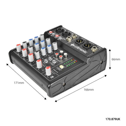 Audio mixer with Citronic branding and dimensions 171mm x 166mm x 66 mm 