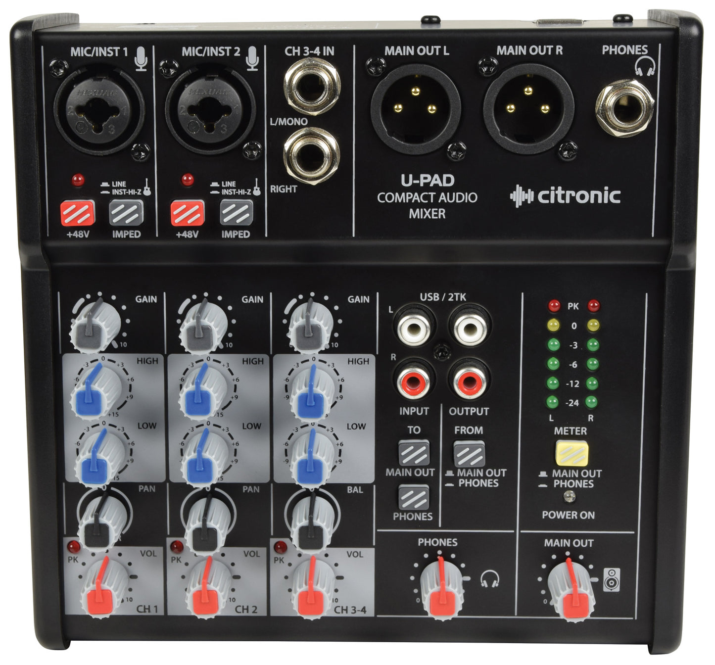 Citronic U-PAD compact audio mixer. Audio black mixer with grey control knobs with red, blue, black, dark grey tips - colour coded and divided in sections by functionality.  Positioned on the high extremity : two hybrid sockets and two jack sockets in-put - followed by two XLR outputs and two RCA output and a jack headphones output.  