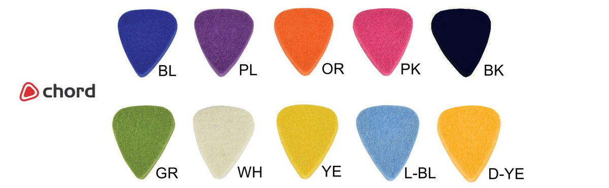 Colourful ukulele picks with labels and 'Chord' brand logo on a white background
