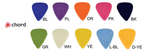 Colourful ukulele picks with labels and 'Chord' brand logo on a white background