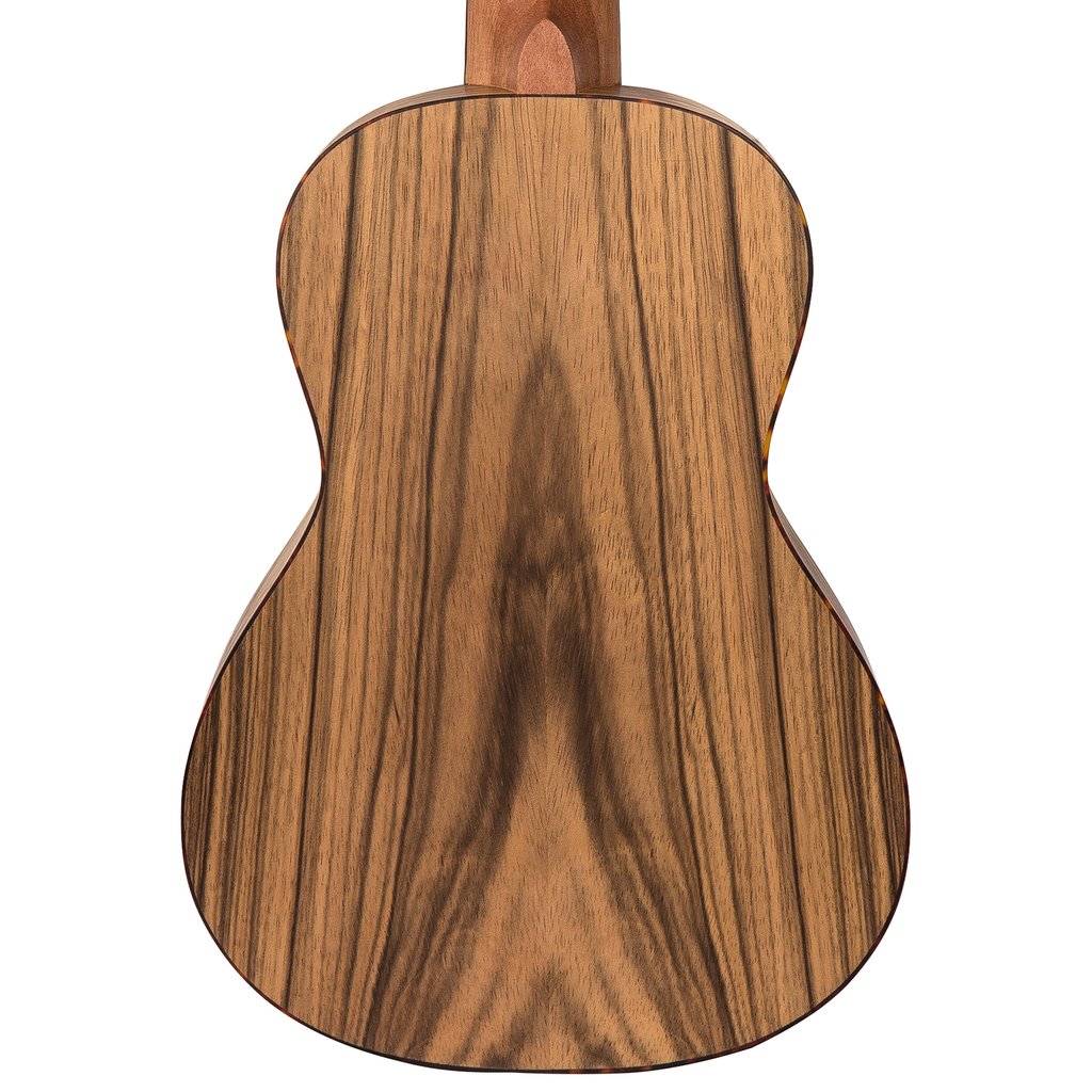 Wooden guitar back with a visible grain pattern on a white background