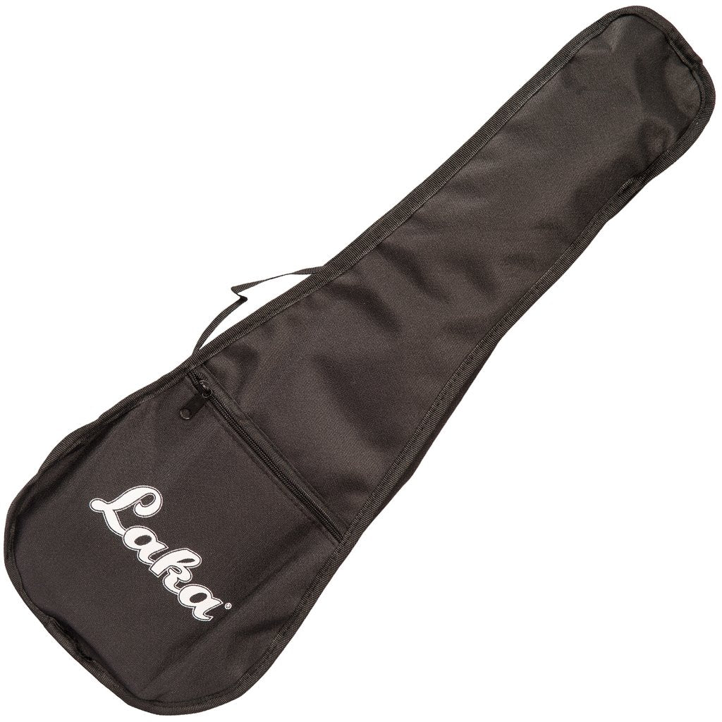 Black ukulele carry bag with 'Laka' branding on a white background
