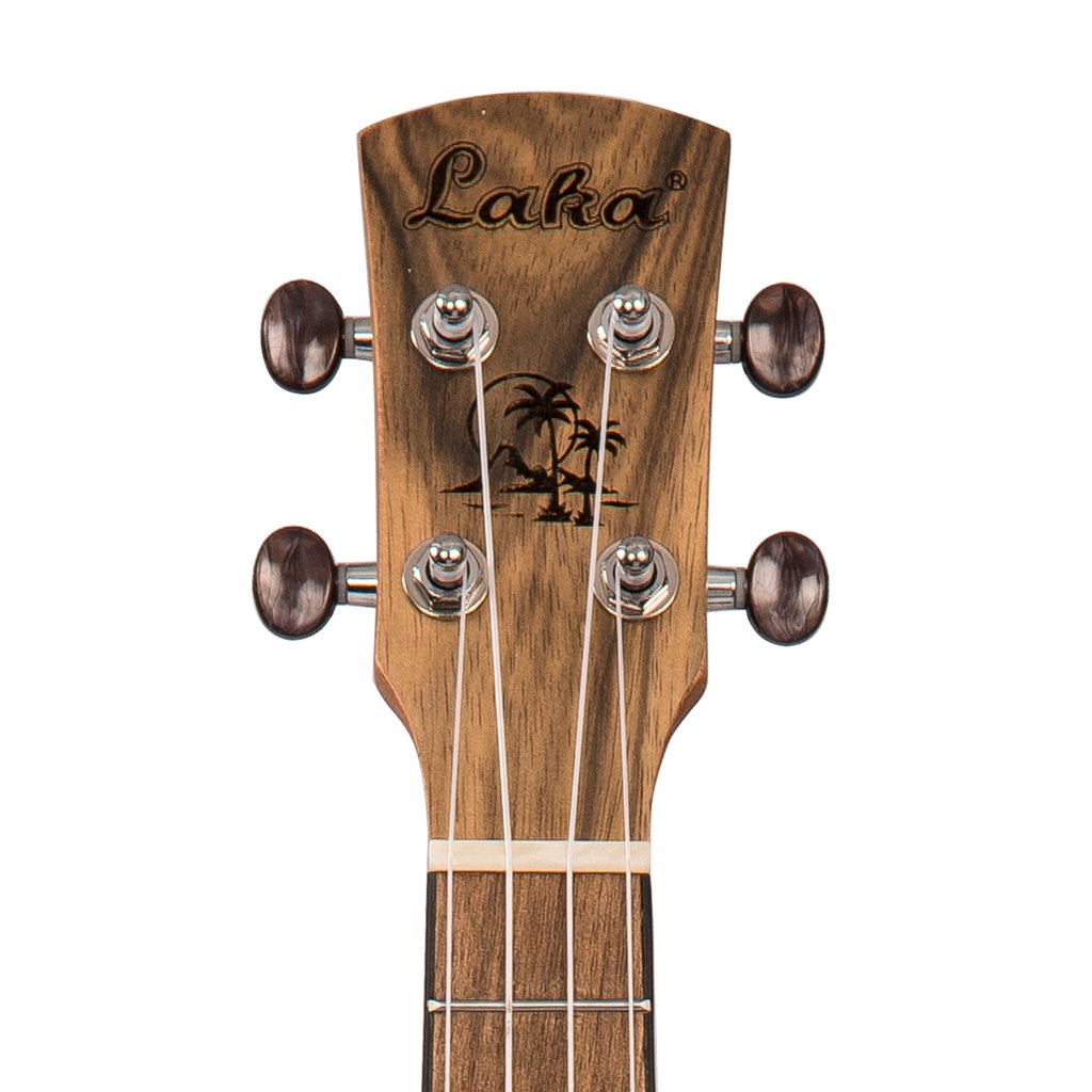 Guitar headstock with 'Laka' branding and palm tree design on a white background