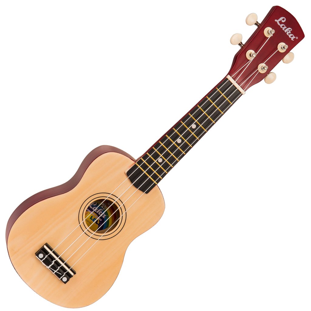 Ukulele with a dark wood colour headstock on a white background