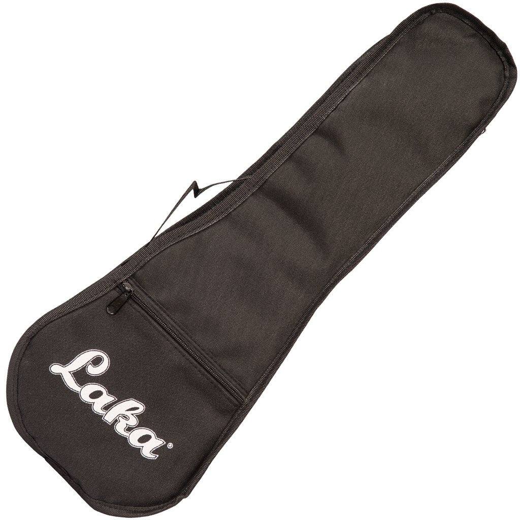 Black guitar case with 'Laka' branding on a white background