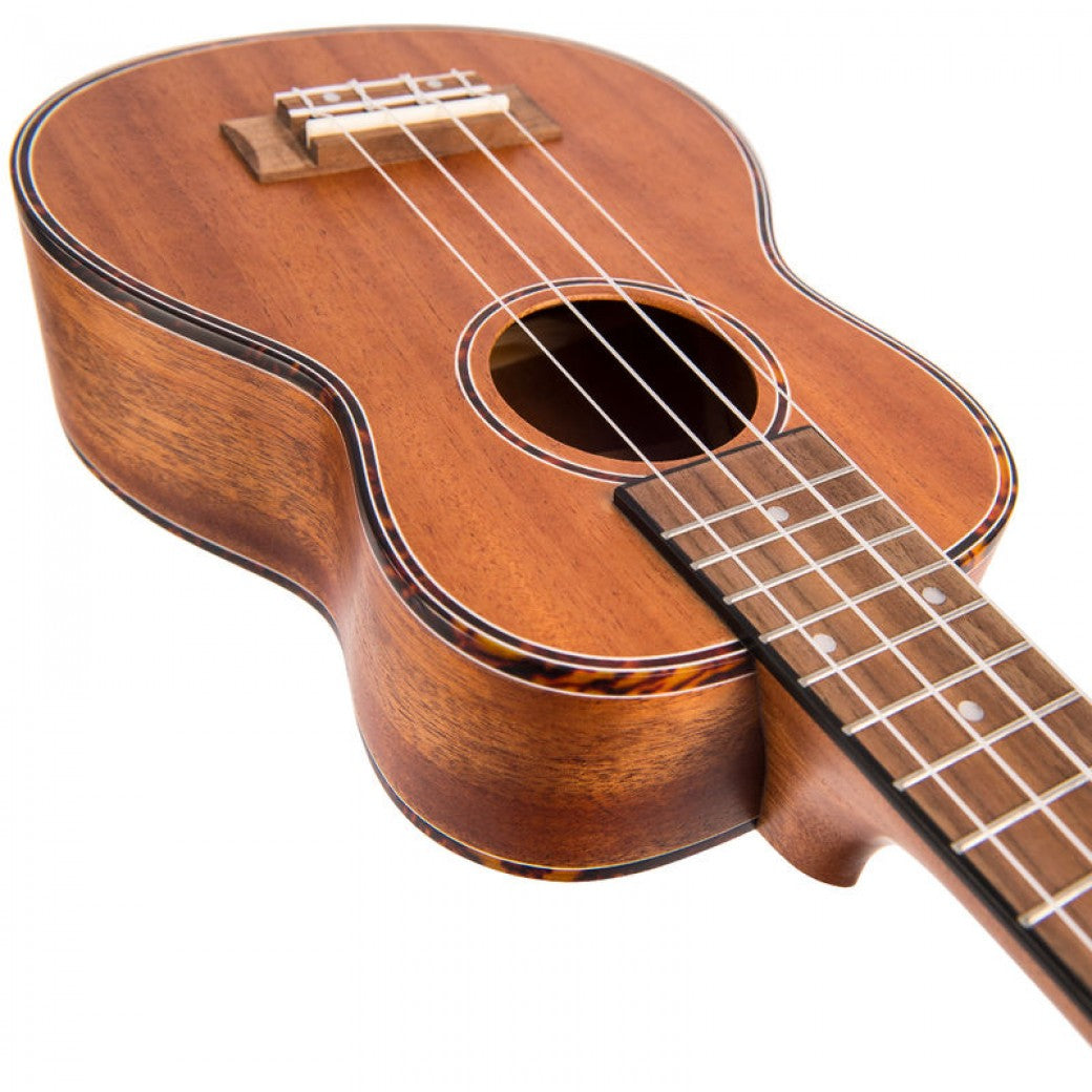a photo detail of ukulele's body with brown and black inlays.