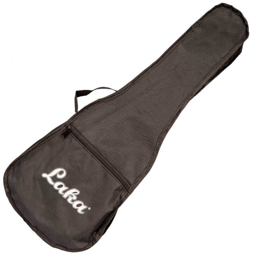 Black guitar case with 'Laka' branding on a white background