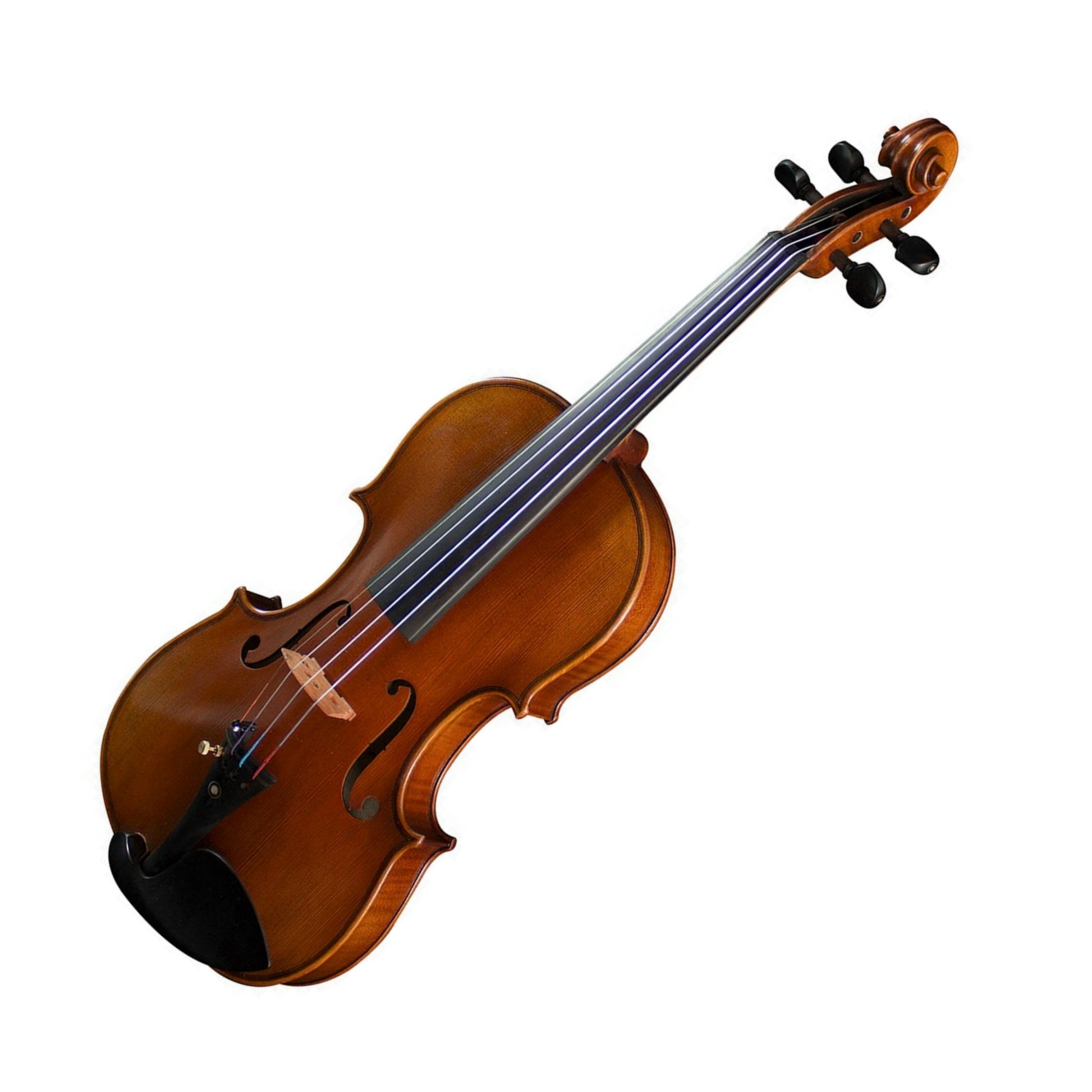 Violin with wood finish and black pegs, chin rest and tail piece. The violin is equipped with a single string adjuster at the "e".