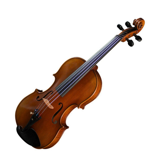 Violin with wood finish and black pegs, chin rest and tail piece. The violin is equipped with a single string adjuster at the "e".