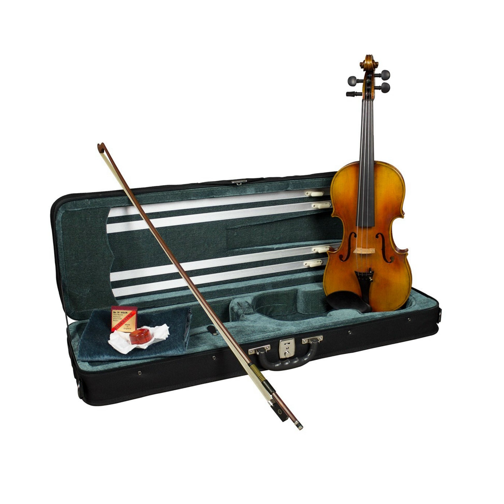 Violin with bow and case on a white background