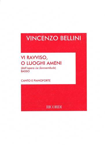 Sheet music cover for Vincenzo Bellini's 'Vi Ravviso, O Luoghi Amené' with red and white design.
