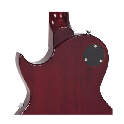 Close-up of the back of the guitar. Precisely, where the neck attaches to the body. The colour is a see through red and the back plate for the three-ways is black.