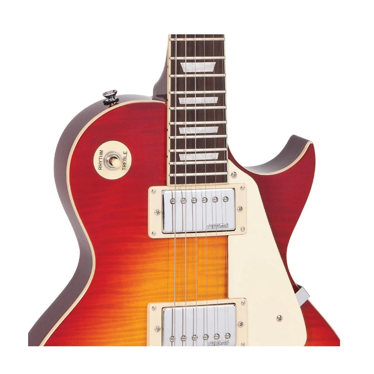 Red and orange electric guitar with a white pickguard on a white background. Also visible are the two pickups a three way switch.