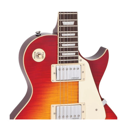 Red and orange electric guitar with a white pickguard on a white background. Also visible are the two pickups a three way switch.