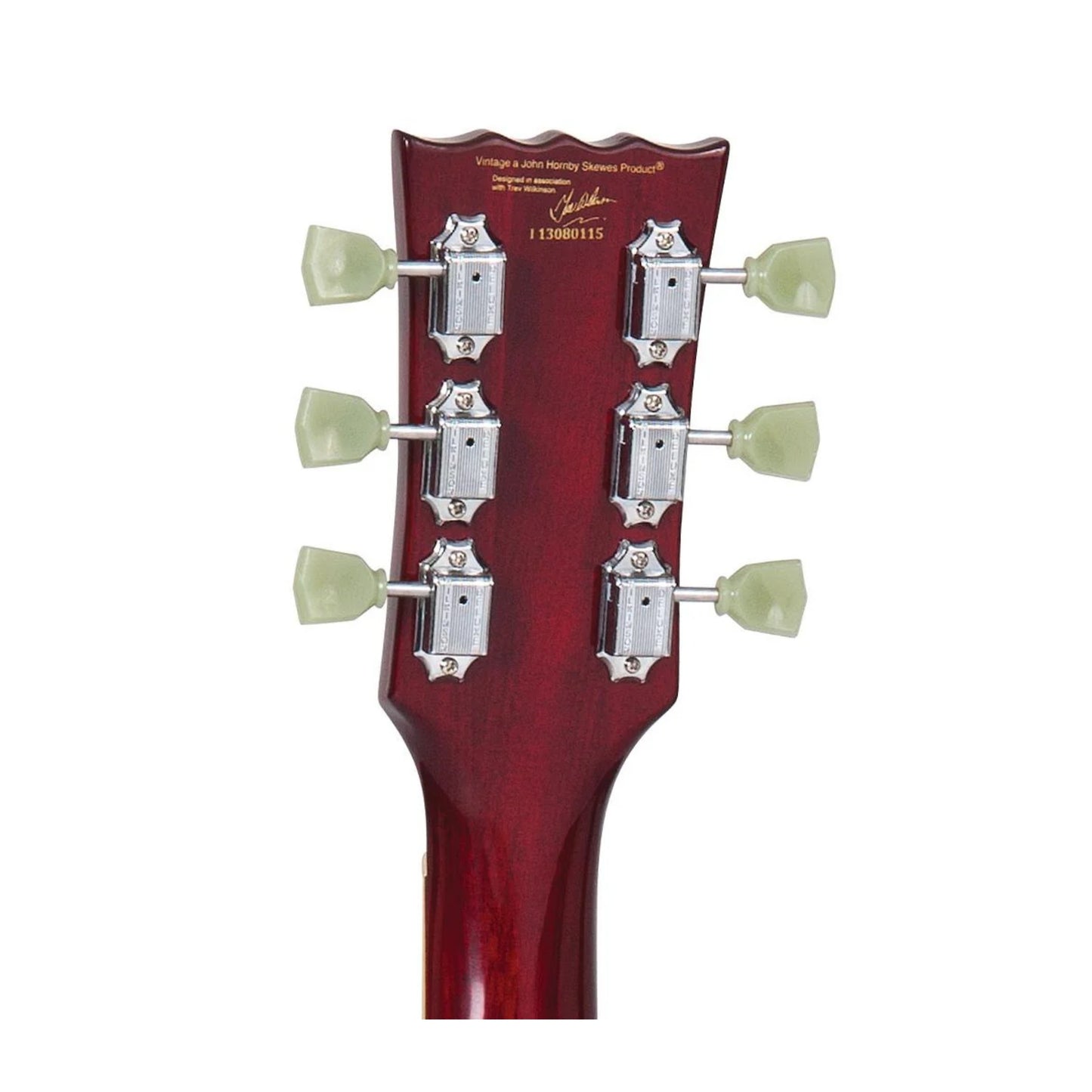Close-up of a guitar headstock with chrome and plastic tip machine-heads. The side and the back of the headstock are dark see through red. 