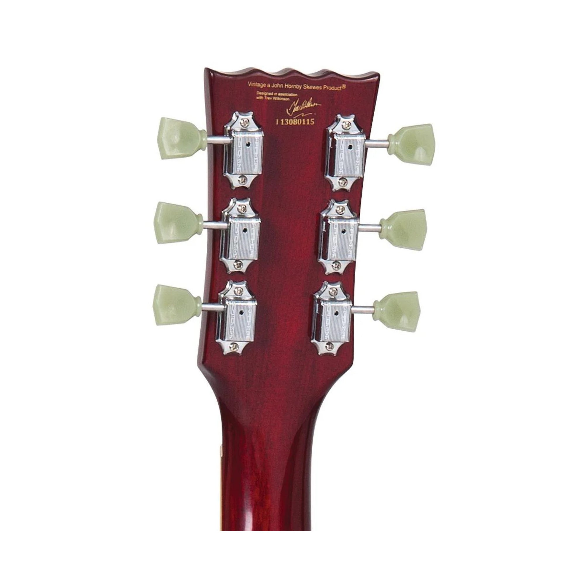 Close-up of a guitar headstock with chrome and plastic tip machine-heads. The side and the back of the headstock are dark see through red. 