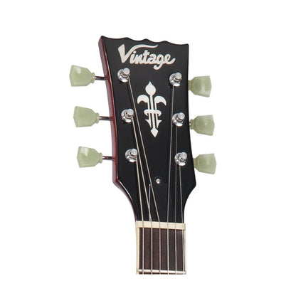 A black guitar headstock with 'Vintage' branding. Chrome machine-heads with white tips. 