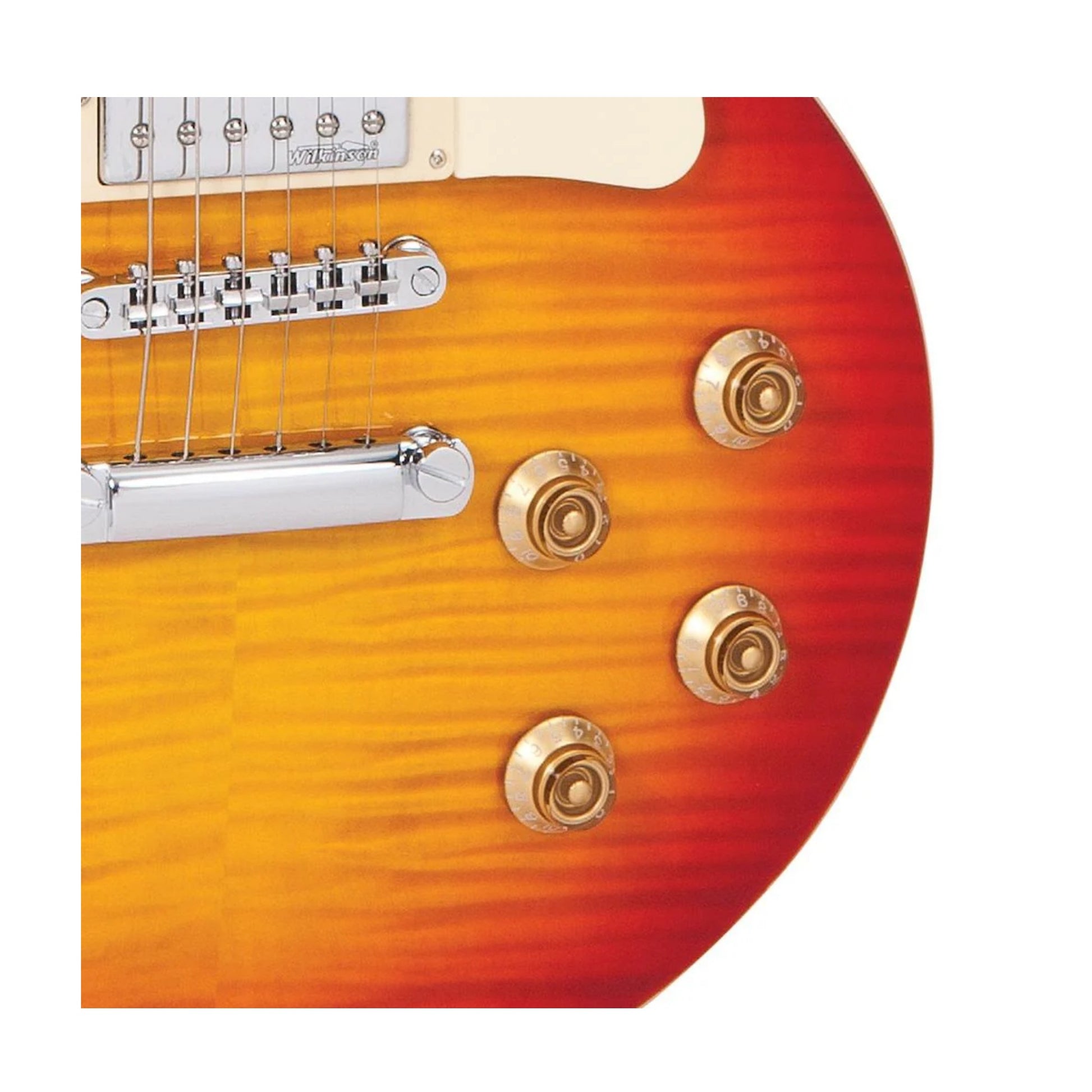 Close-up of a sunburst electric guitar with gold volume and tone knobs