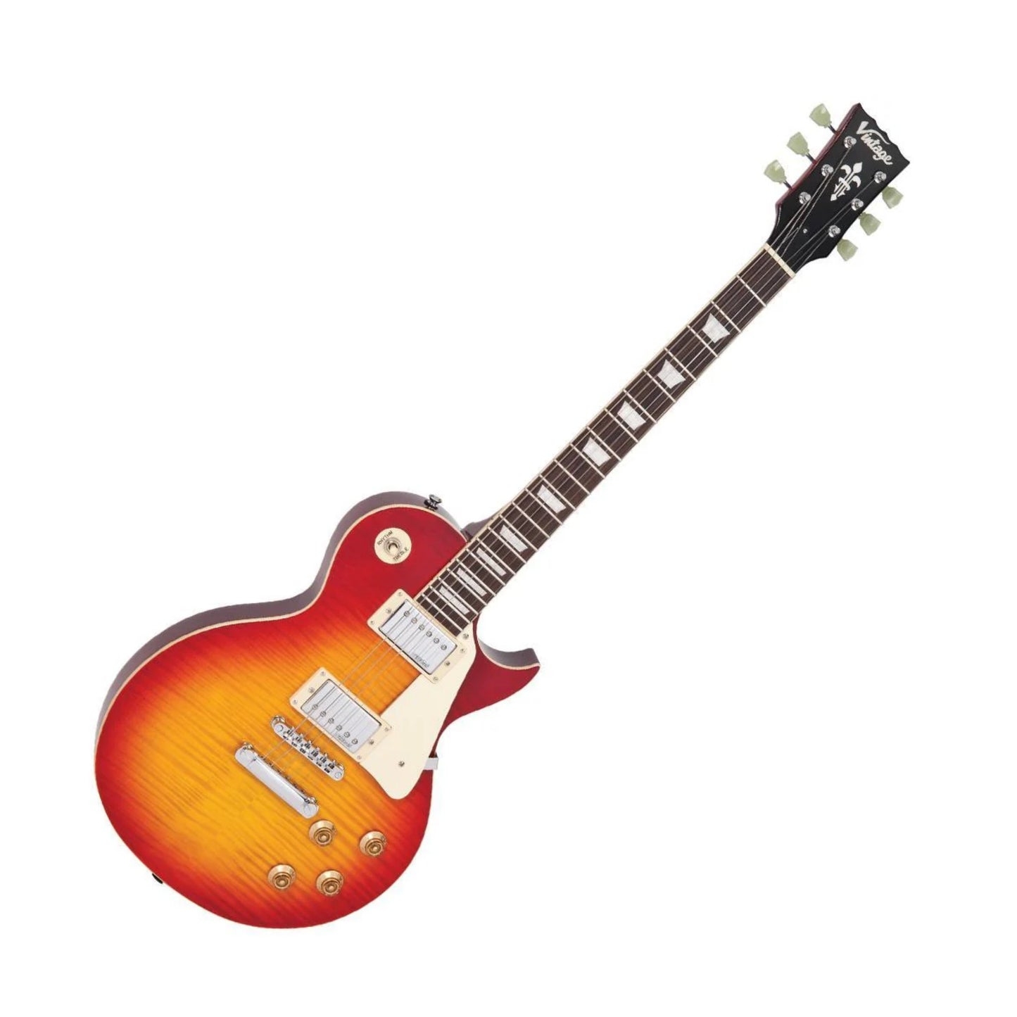 Electric guitar with a sunburst finish, black headstock, chrome hardware, dark rosewood fingerboard. The guitar is against a white background.