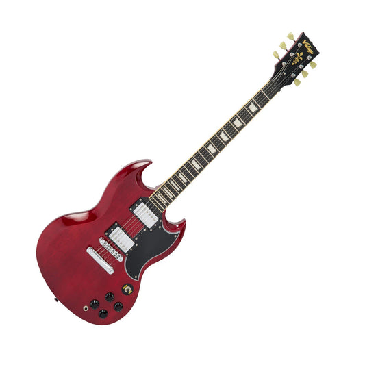Red see-trough electric guitar on a white background.