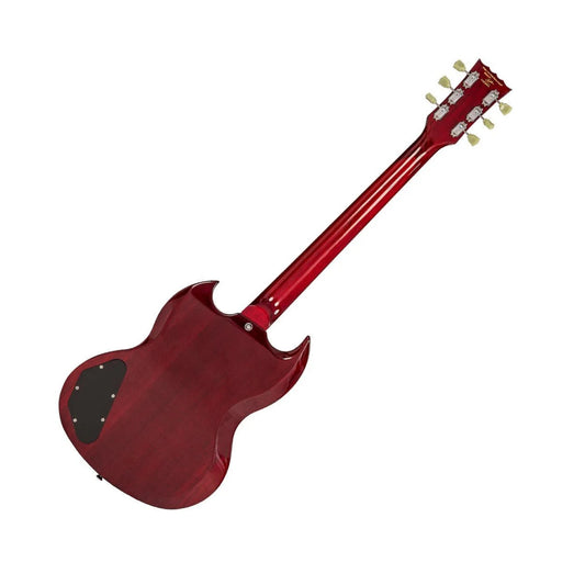 Rear view  of a red electric guitar on a white background
