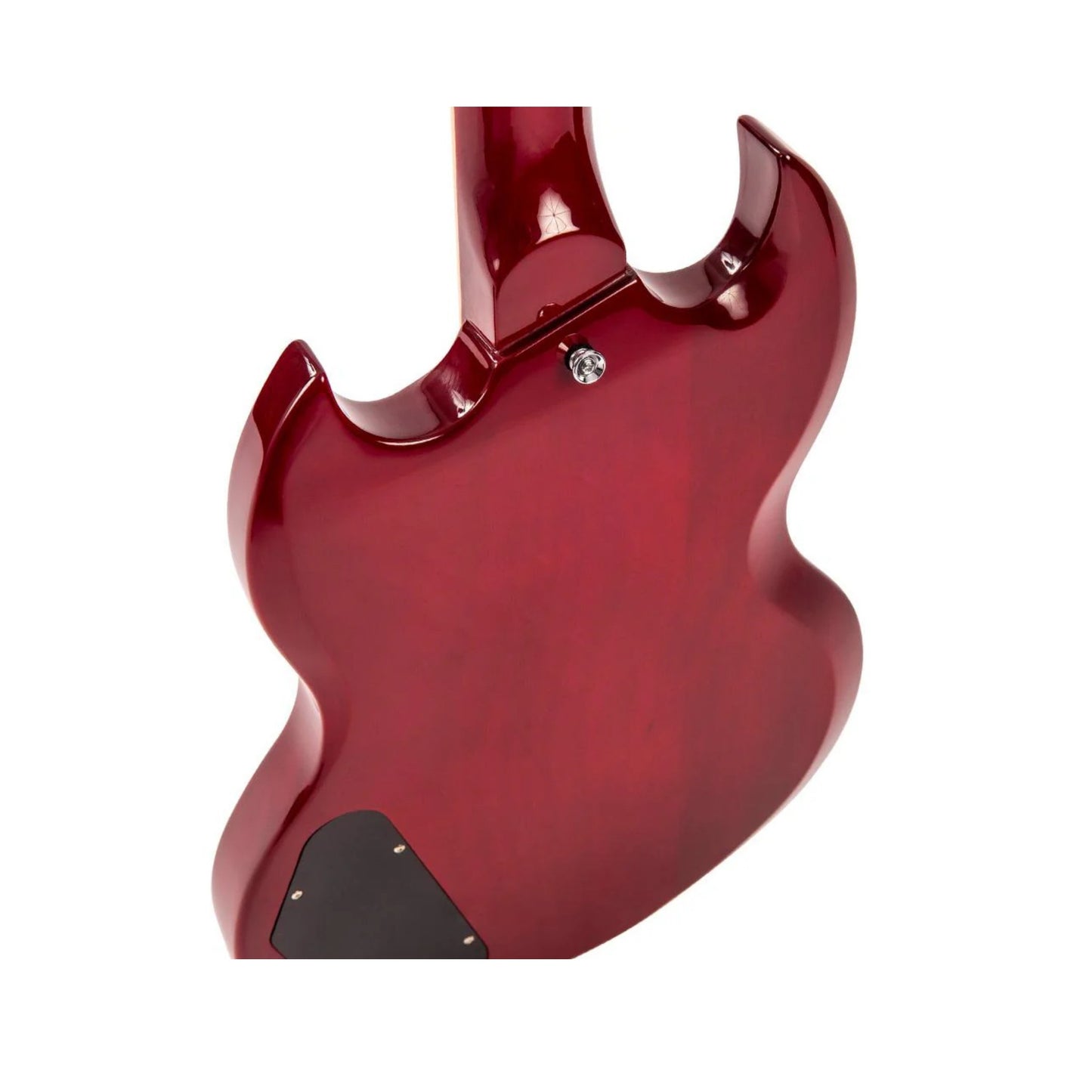 Back,  close-up of VS6 electric guitar. The photo shows the detail where the neck attaches to the body. The colour of the guitar is red see -through.