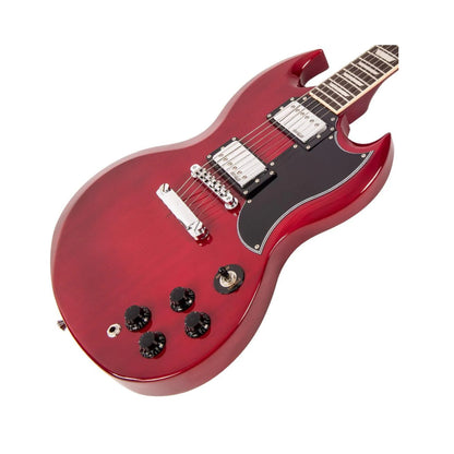 Red electric guitar on a white background