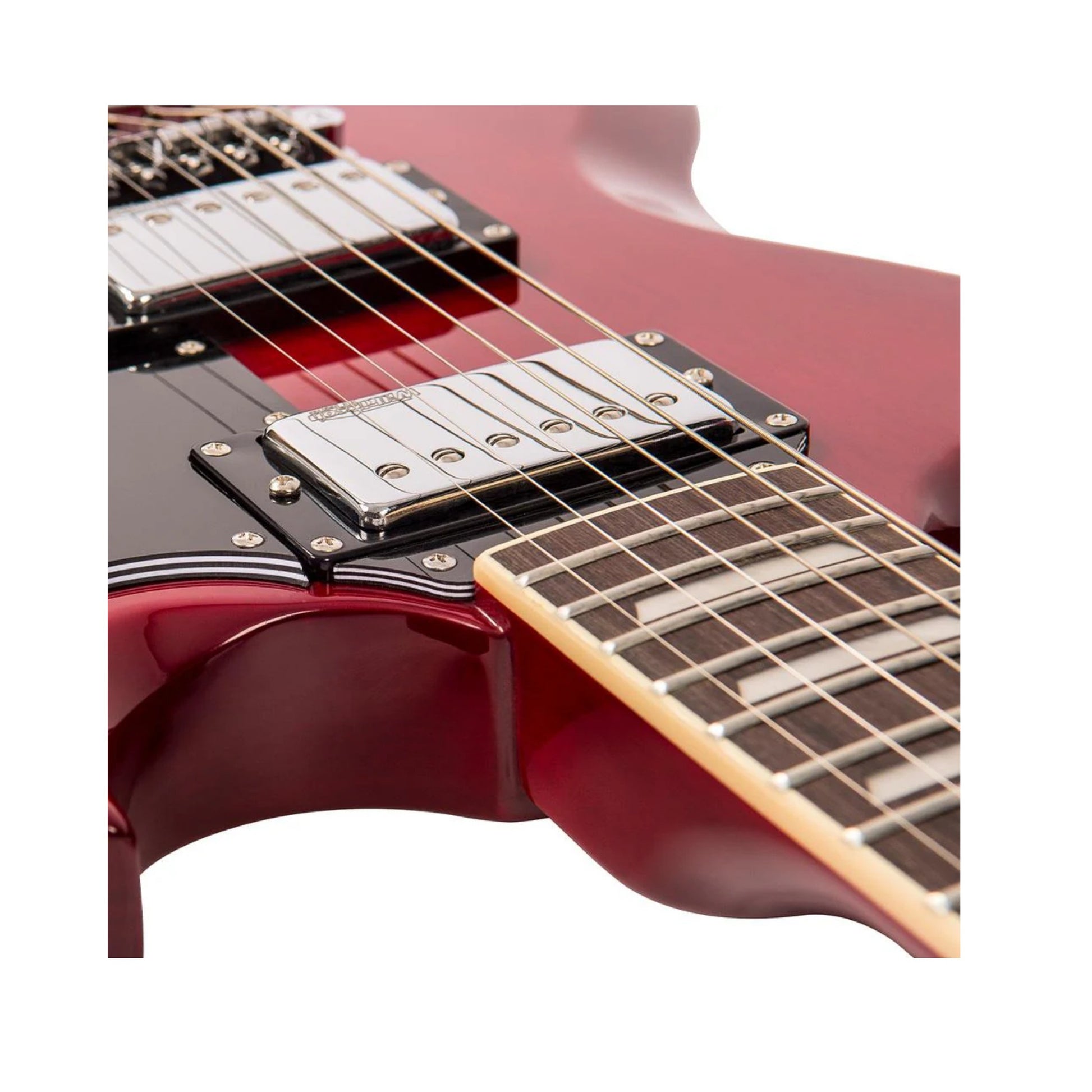 Close-up of a red electric guitar's neck and fretboard on a white background