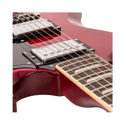 Close-up of a red electric guitar's neck and fretboard on a white background