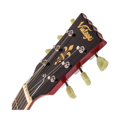 Close-up of a guitar headstock with a brand logo on a white background