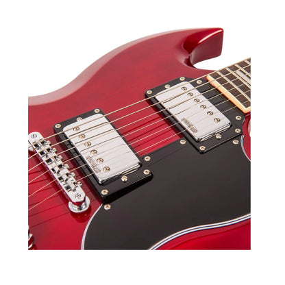 Close-up of a red electric guitar with a white pickguard on a white background