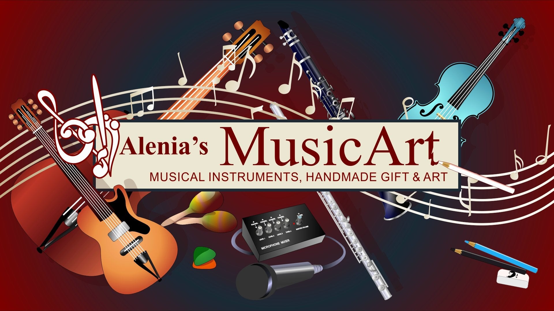 Graphic for Alenia's MusicArt with musical instruments and decorative elements on a dark background.