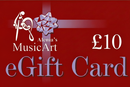 Alenia's MusicArt eGift Card with a red background and £10 value.