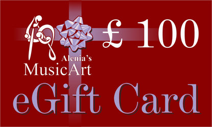 Alenia's MusicArt eGift Card with a red background and £100 value.