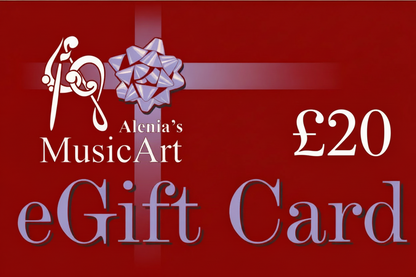 Alenia's MusicArt eGift Card with a red background and bow graphic.