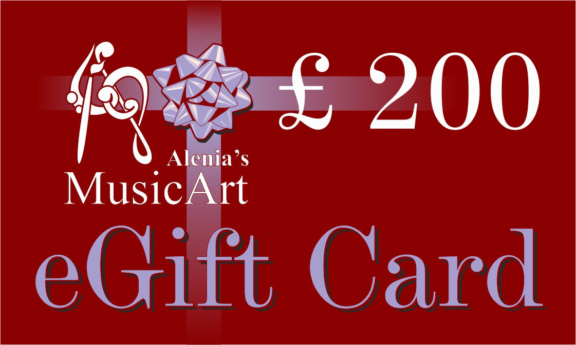 Alenia's MusicArt eGift Card with £200 value on a red background