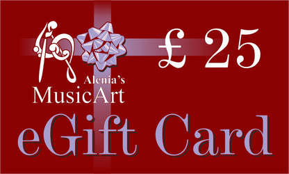 Red eGift card with 'Alenia's MusicArt' branding and a £25 value.
