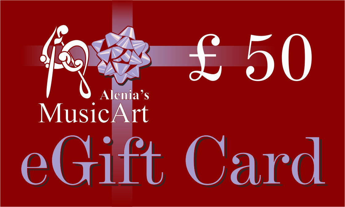 Alenia's MusicArt eGift Card with a red background and white text.