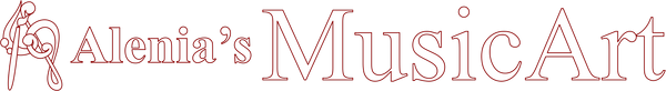 Decorative text 'Alenia's Music Art'  and logo (an arrangement of a treble clef, a bass clef and a brush). 