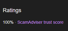Text indicating a 100% 'Scam Adviser trust score' on a black background