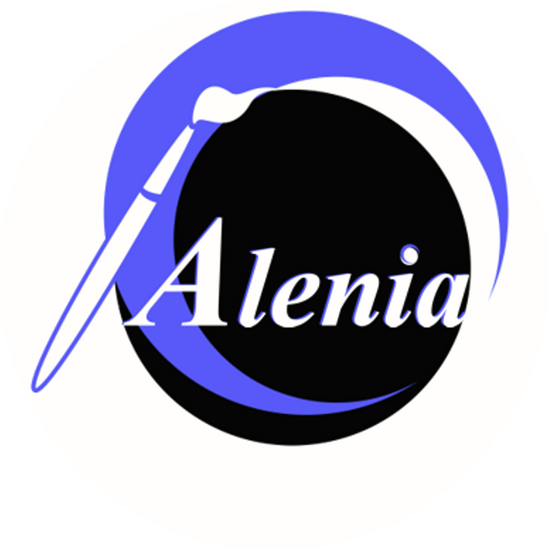 Alenia logo, a full black moon and a purple crescent moon, slantly overlap. A brush is strategically positioned across to give the impression that the white background is drawn between the moons.
